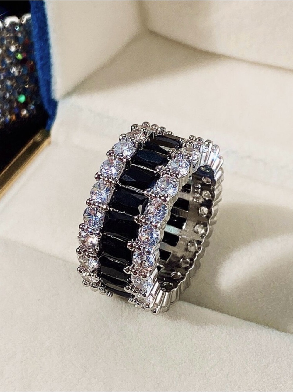 Black and Silver Eternity Band Ring with Clear Stones
